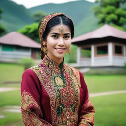 A beautiful Acehnese girl wearing traditional attire, standing in front of a picturesque background that includes lush green landscapes and traditional Acehnese houses