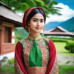 A beautiful Acehnese girl wearing traditional attire, standing in front of a picturesque background that includes lush green landscapes and traditional Acehnese houses