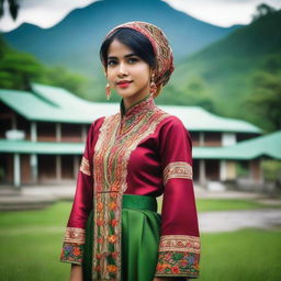 A beautiful Acehnese girl wearing traditional attire, standing in front of a picturesque background that includes lush green landscapes and traditional Acehnese houses