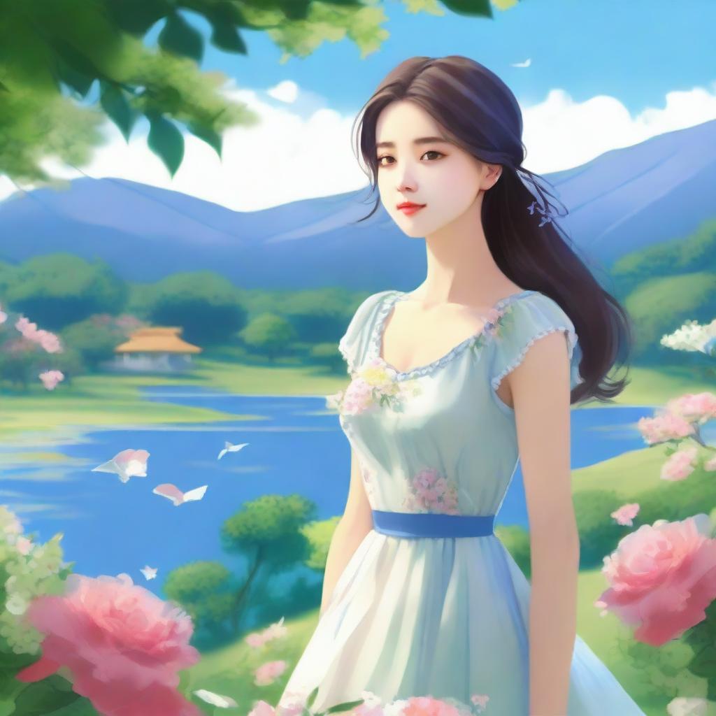 A beautiful young girl with a serene expression, standing in a picturesque landscape