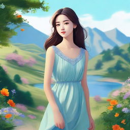 A beautiful young girl with a serene expression, standing in a picturesque landscape