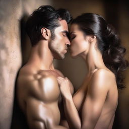 A sexy shirtless man kissing a beautiful woman passionately against a wall