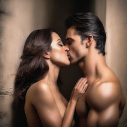 A sexy shirtless man kissing a beautiful woman passionately against a wall