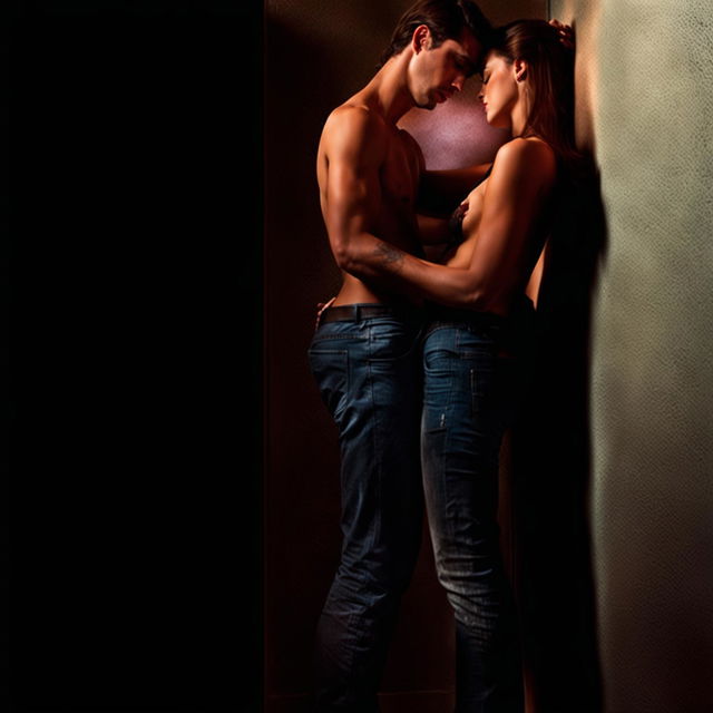 A sexy shirtless man kissing a beautiful woman passionately against a wall in a dimly lit, intimate setting