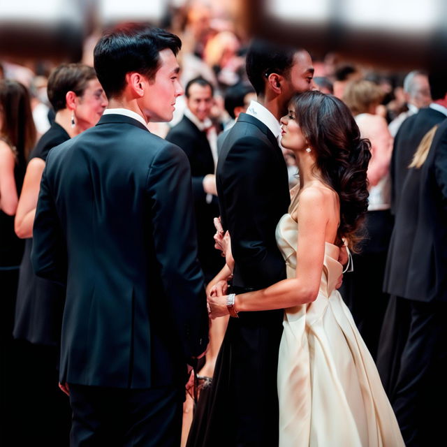 A beautiful couple gazing lovingly at each other in a crowded room, dressed elegantly and standing close together