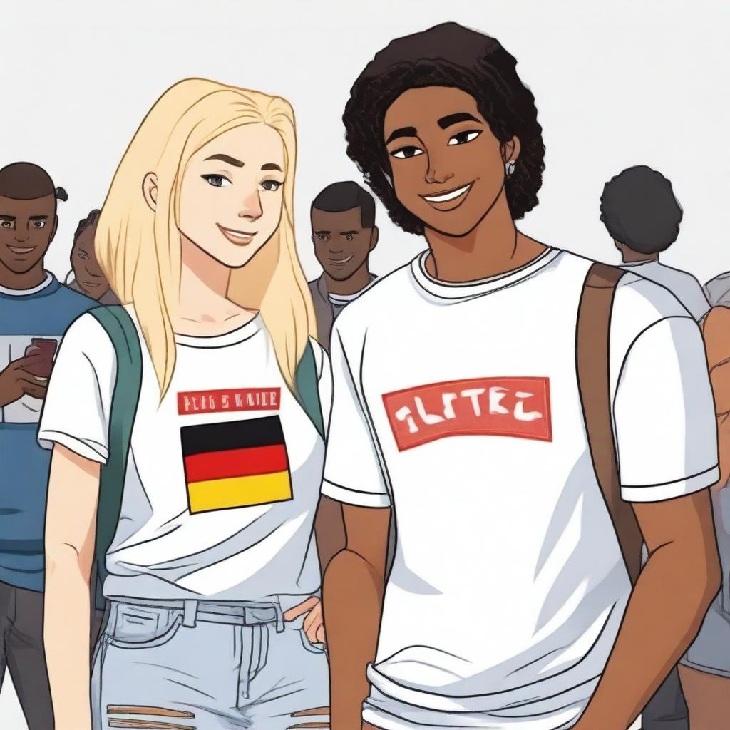 A 5'4 blonde-haired, blue-eyed girl in tight but basic clothing with a German appearance is looking back at a 5'7 dark brown-haired, brown-eyed Mexican boy wearing casual and comfy streetwear