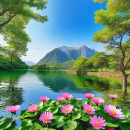 A beautiful and serene scene featuring a stunning landscape with lush greenery, vibrant flowers, and a clear blue sky