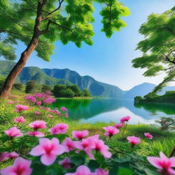 A beautiful and serene scene featuring a stunning landscape with lush greenery, vibrant flowers, and a clear blue sky