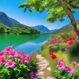 A beautiful and serene scene featuring a stunning landscape with lush greenery, vibrant flowers, and a clear blue sky