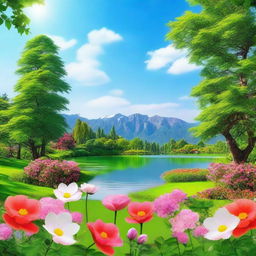 A beautiful and serene scene featuring a stunning landscape with lush greenery, vibrant flowers, and a clear blue sky