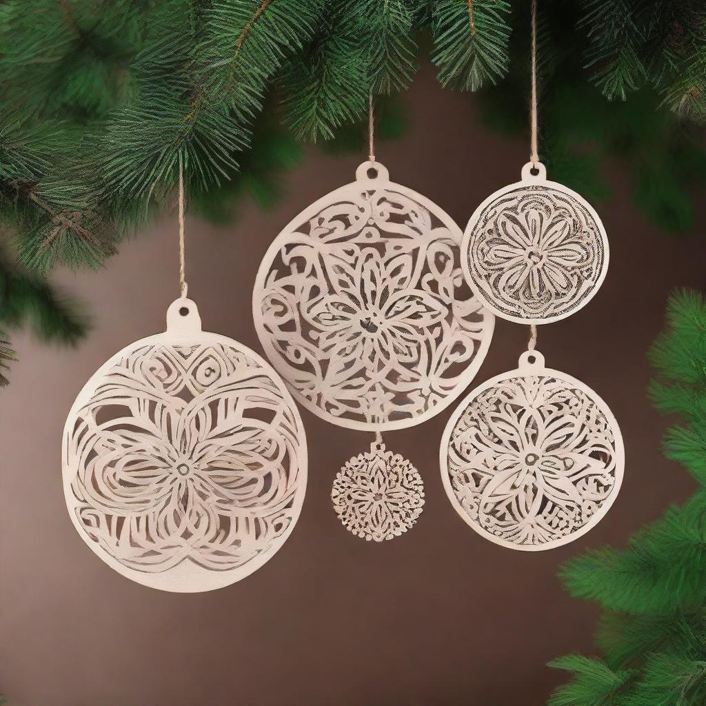 A collection of beautifully designed wood laser-cut hanging ornaments featuring intricate flower patterns