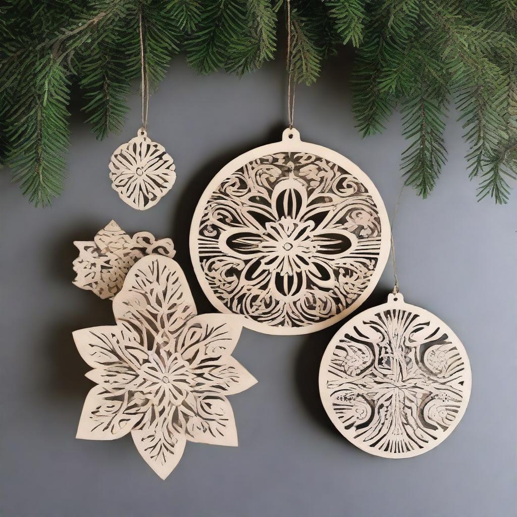 A collection of beautifully designed wood laser-cut hanging ornaments featuring intricate flower patterns