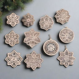 A collection of beautifully designed wood laser-cut hanging ornaments featuring intricate flower patterns