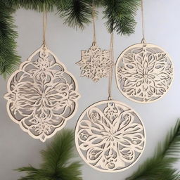 A collection of beautifully designed wood laser-cut hanging ornaments featuring intricate flower patterns