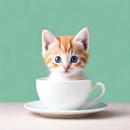 A raw photograph of an adorable kitten sitting inside a teacup