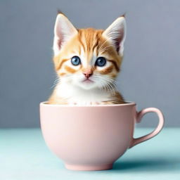 A raw photograph of an adorable kitten sitting inside a teacup