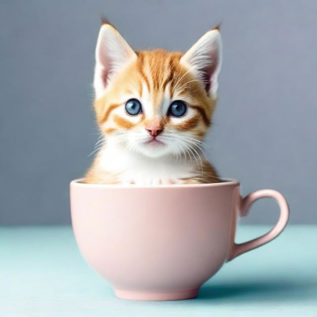 A raw photograph of an adorable kitten sitting inside a teacup