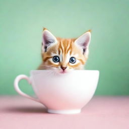 A raw photograph of an adorable kitten sitting inside a teacup