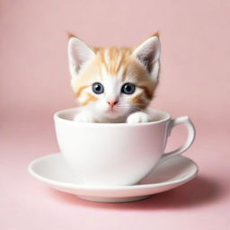 A raw photograph of an adorable kitten sitting inside a teacup