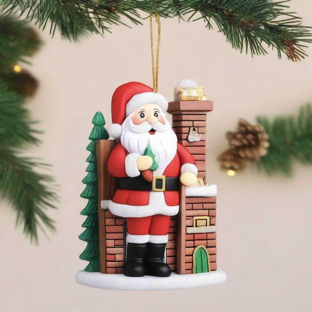 A beautifully crafted wooden hanging ornament for Christmas, featuring Santa Claus on a chimney