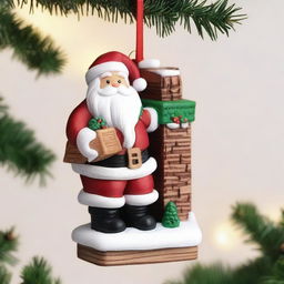 A beautifully crafted wooden hanging ornament for Christmas, featuring Santa Claus on a chimney