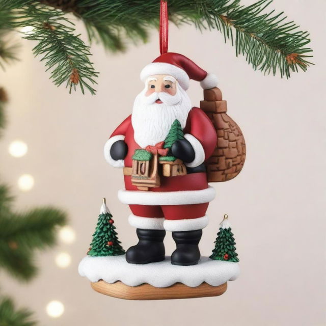 A beautifully crafted wooden hanging ornament for Christmas, featuring Santa Claus on a chimney