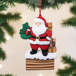 A beautifully crafted wooden hanging ornament for Christmas, featuring Santa Claus on a chimney