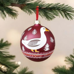 A charming wooden hanging ornament for Christmas, featuring a goose perched on a Christmas ball