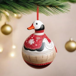 A charming wooden hanging ornament for Christmas, featuring a goose perched on a Christmas ball