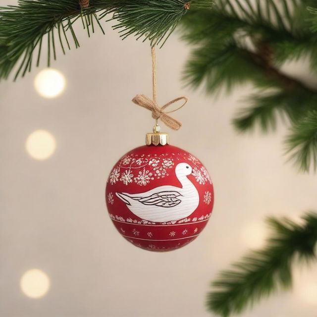 A charming wooden hanging ornament for Christmas, featuring a goose perched on a Christmas ball