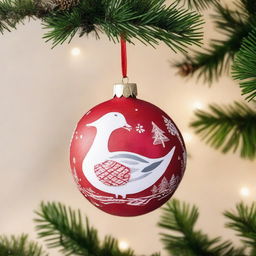 A charming wooden hanging ornament for Christmas, featuring a goose perched on a Christmas ball