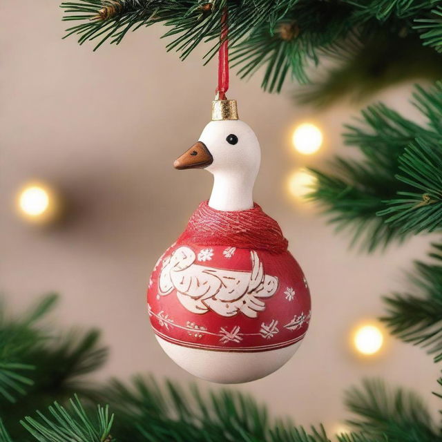 A delightful wooden hanging ornament for Christmas, featuring a goose holding a Christmas ball