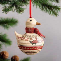 A delightful wooden hanging ornament for Christmas, featuring a goose holding a Christmas ball