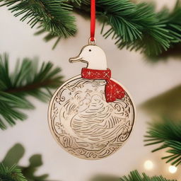 A finely detailed wood lasercut hanging ornament for Christmas, featuring a goose holding a Christmas ball