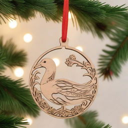 A finely detailed wood lasercut hanging ornament for Christmas, featuring a goose holding a Christmas ball