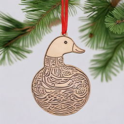 A finely detailed wood lasercut hanging ornament for Christmas, featuring a goose holding a Christmas ball