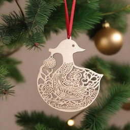 A finely detailed wood lasercut hanging ornament for Christmas, featuring a goose holding a Christmas ball