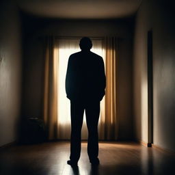 A photo taken from the back of a man standing in a dimly lit room at night, capturing a sense of depression and solitude