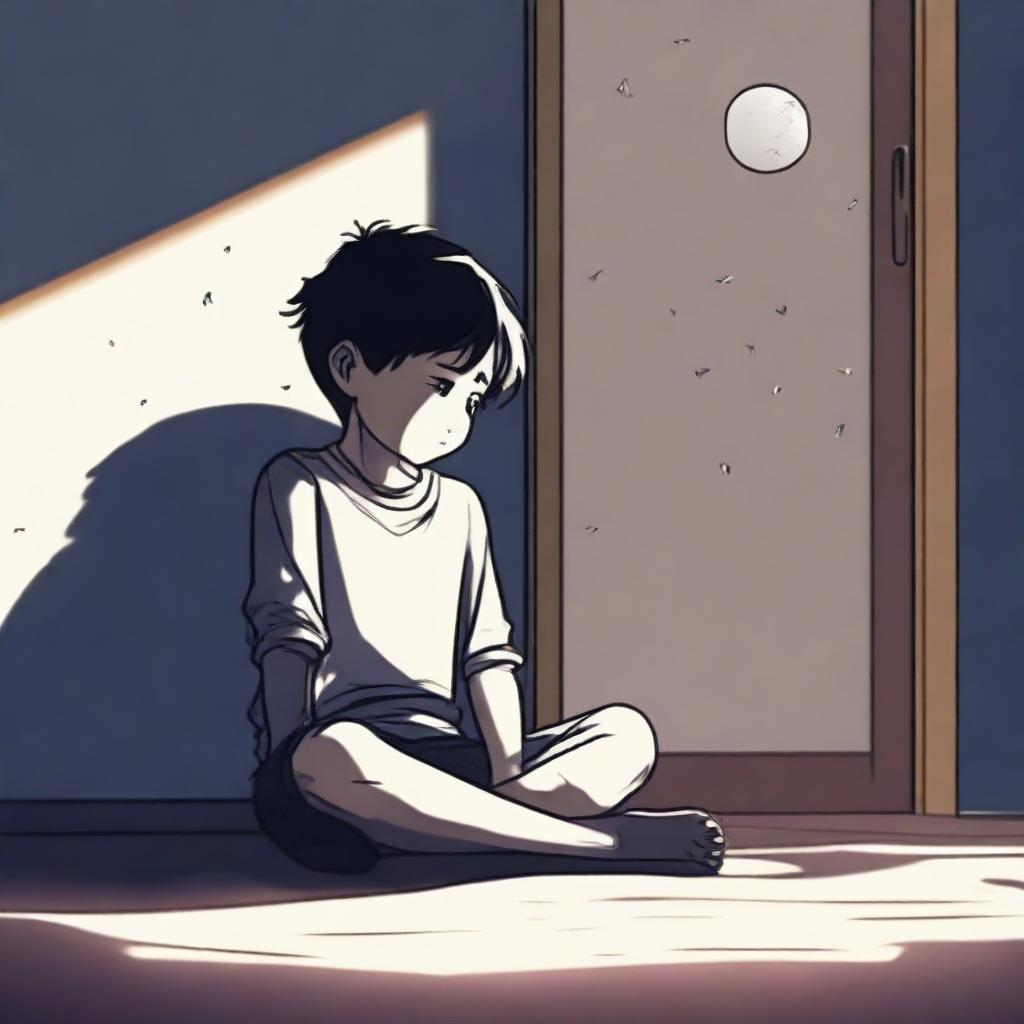 A boy is sitting on the floor of his room at night, feeling depressed