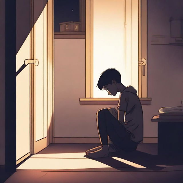 A boy is sitting on the floor of his room at night, feeling depressed