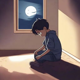 A boy is sitting on the floor of his room at night, feeling depressed