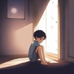 A boy is sitting on the floor of his room at night, feeling depressed