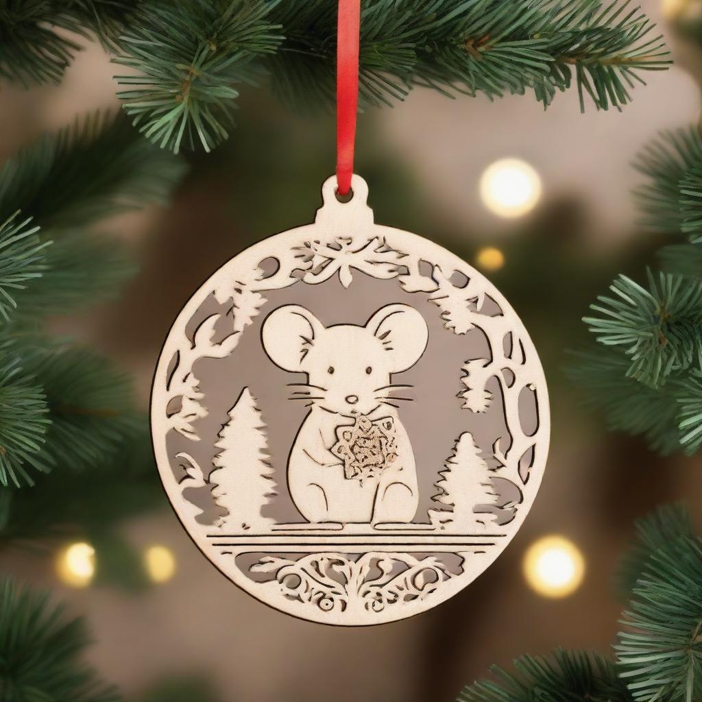 A finely detailed wood lasercut Christmas ornament, featuring a cute mouse as the main character