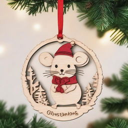 A finely detailed wood lasercut Christmas ornament, featuring a cute mouse as the main character