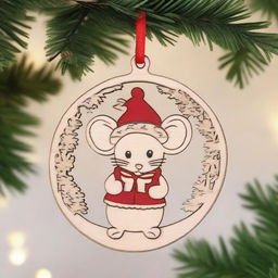 A finely detailed wood lasercut Christmas ornament, featuring a cute mouse as the main character