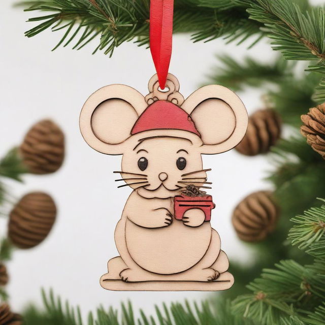 A finely detailed wood lasercut Christmas ornament, featuring a cute mouse as the main character