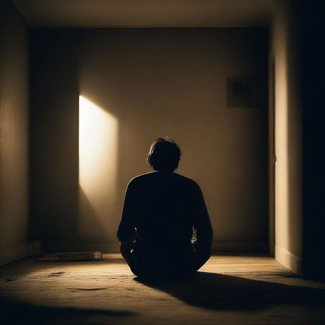 A man is sitting on the floor of his room at night, feeling depressed