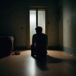 A man is sitting on the floor of his room at night, feeling depressed