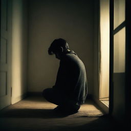 A man is sitting on the floor of his room at night, feeling depressed