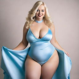 A full-body shot of a happy, curvy blonde woman with very large breasts and deep cleavage, wearing a light blue gown with a choker